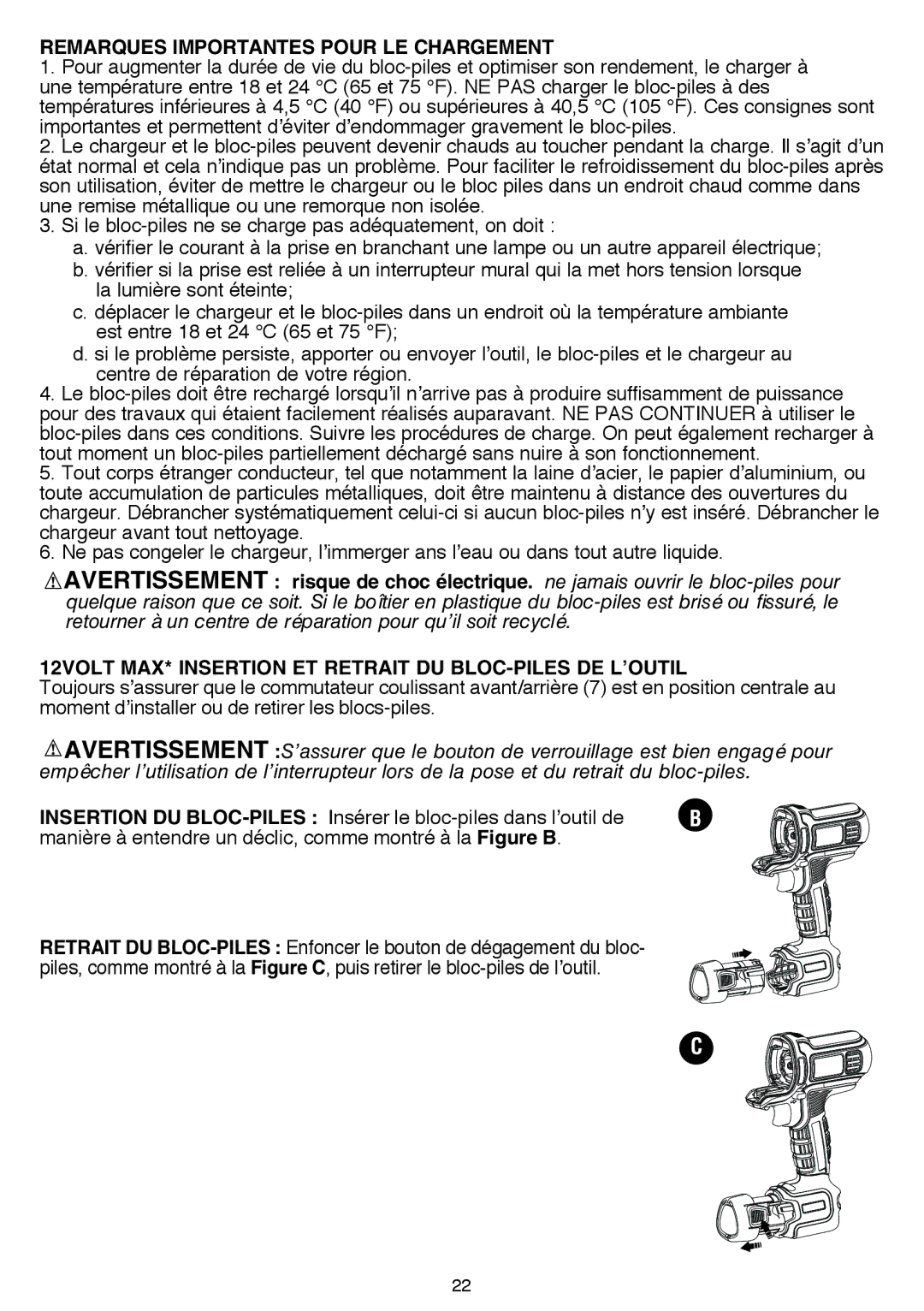 Black & Decker BDCDMT120-2, BDCDMT120FL, BDCDMT120C, BDCDMT120IA instruction manual Remarques importantes pour le chargement 