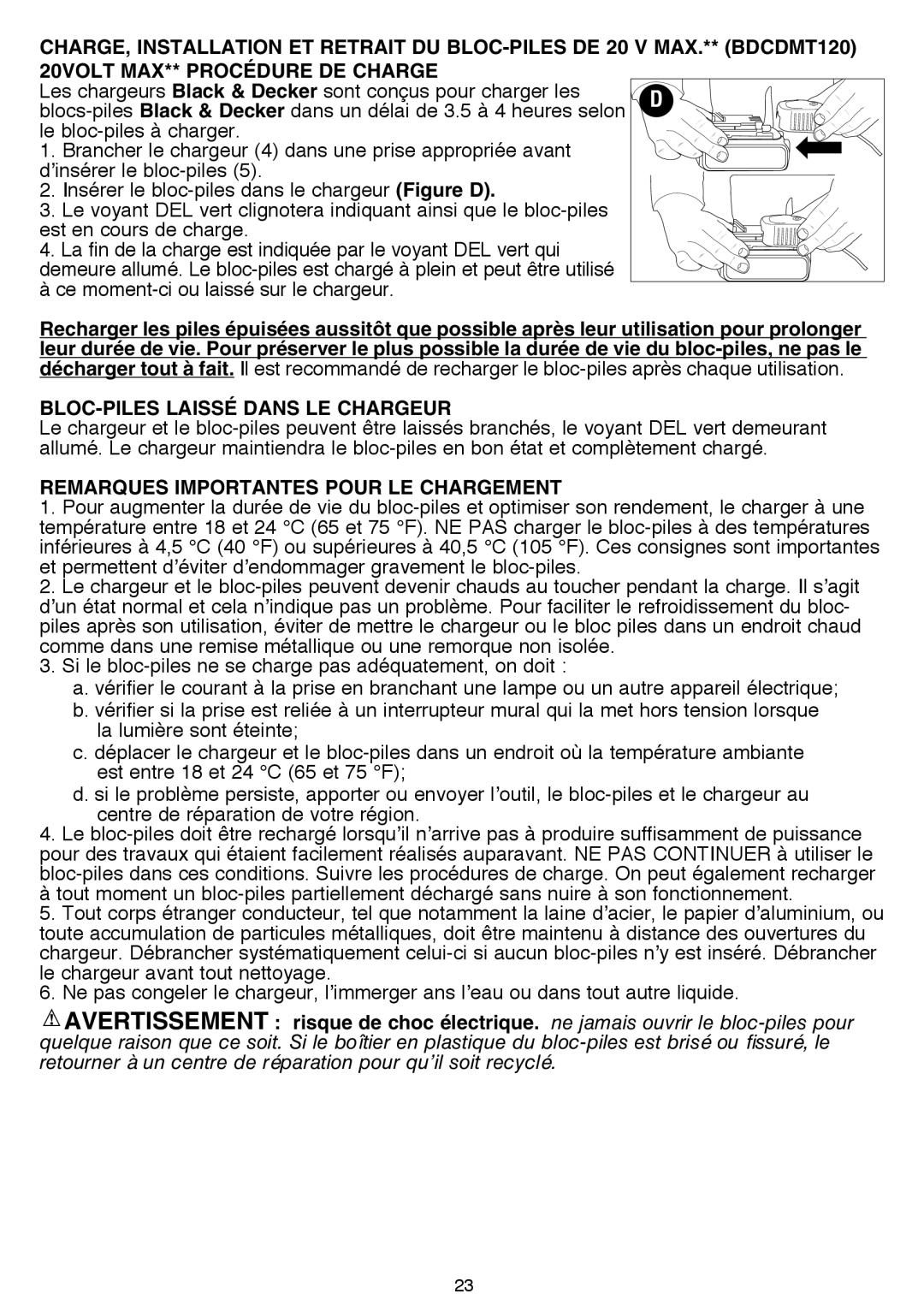 Black & Decker BDCDMT120IA, BDCDMT120FL, BDCDMT120C 20volt Max** Procédure de charge, Bloc-piles laissé dans le chargeur 