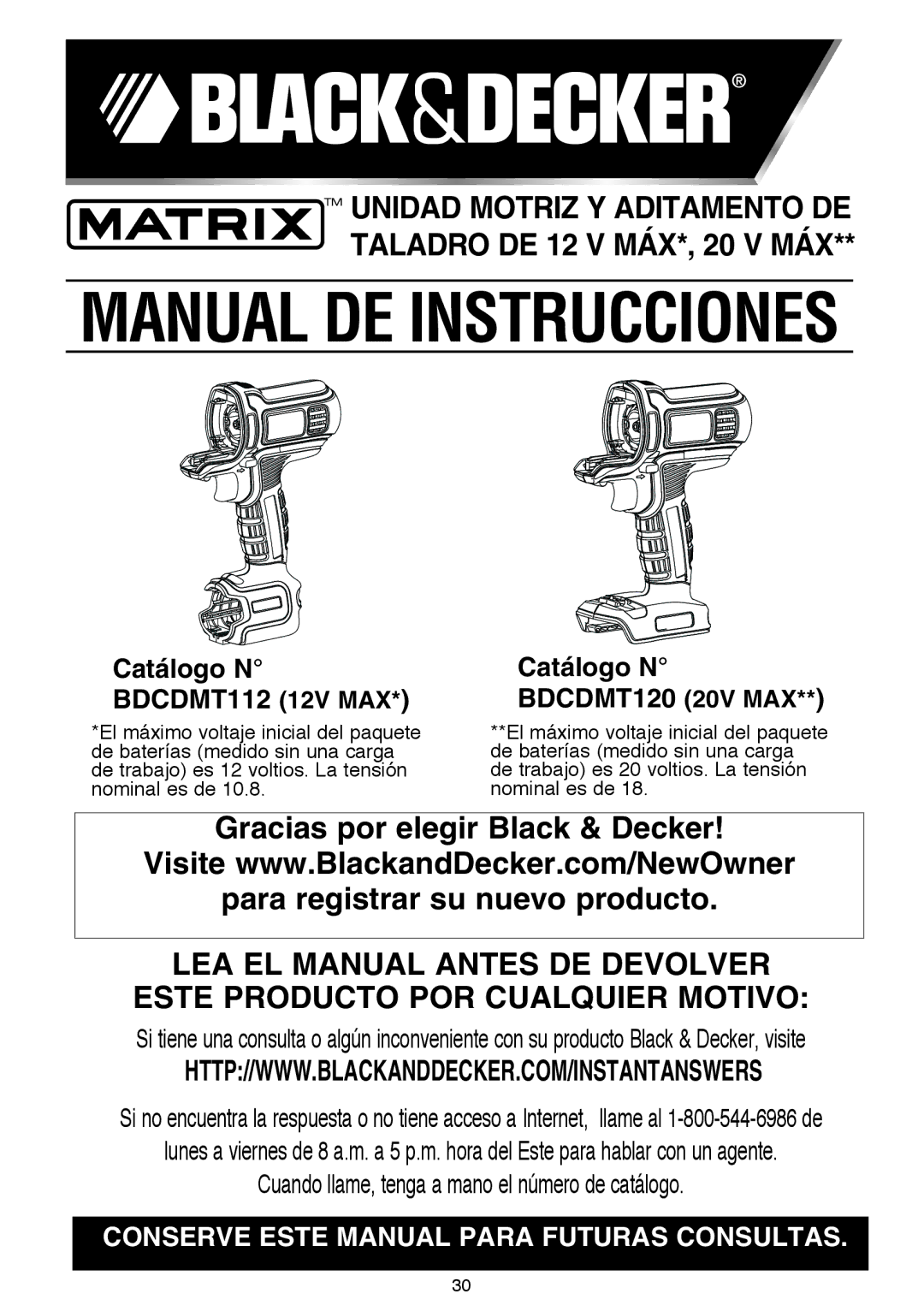 Black & Decker BDCDMT120-2, BDCDMT120FL, BDCDMT120C Manual DE Instrucciones, Catálogo N BDCDMT112 12V MAX BDCDMT120 20V MAX 