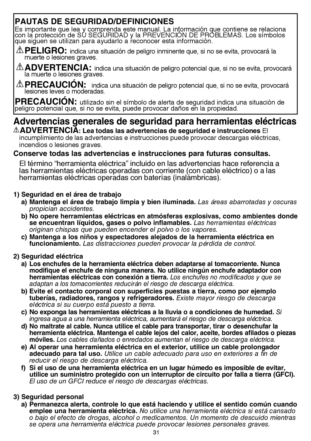 Black & Decker BDCDMT120IA, BDCDMT120FL, BDCDMT120C, BDCDMT120-2 instruction manual Pautas DE SEGURIDAD/DEFINICIONES 