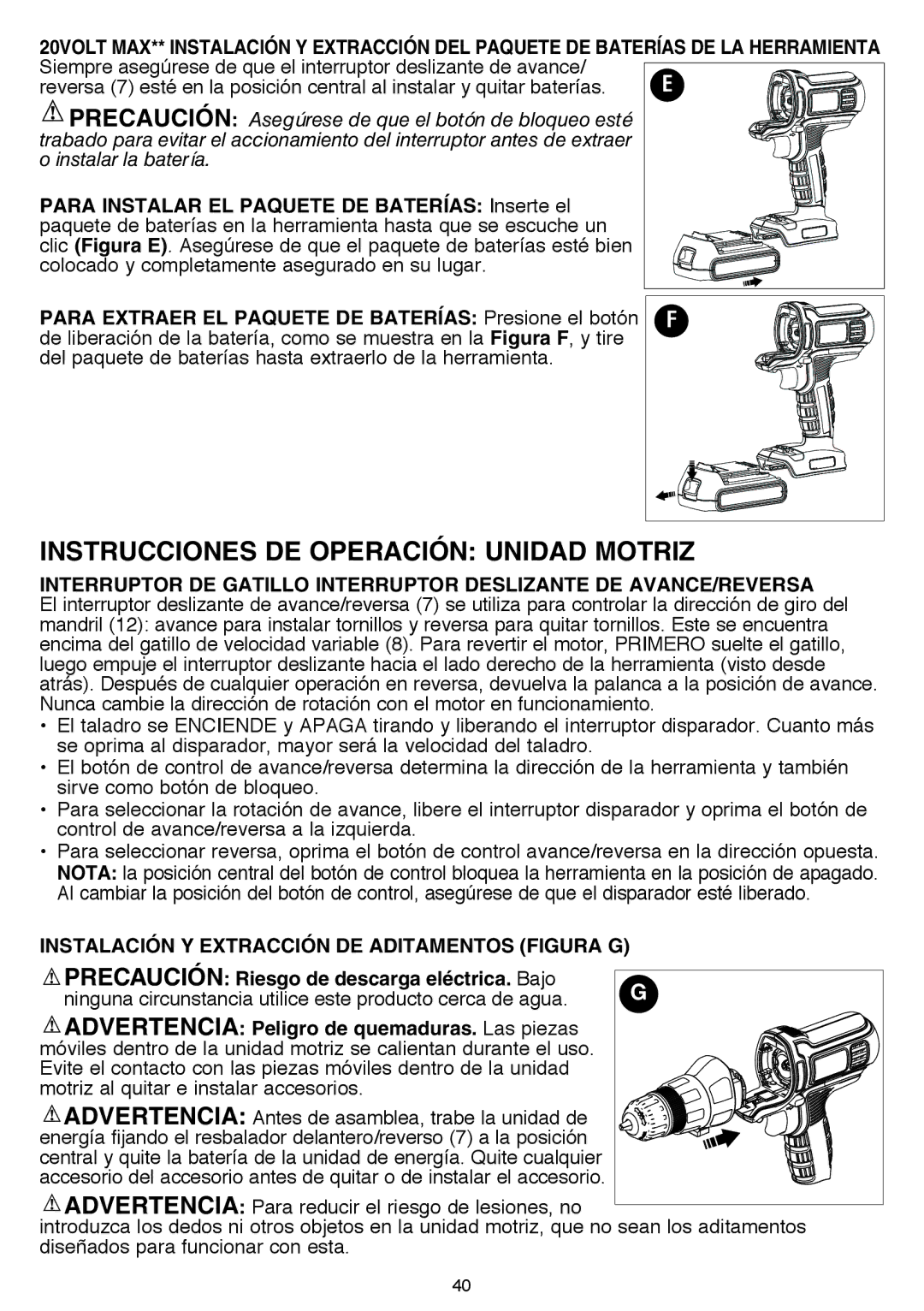 Black & Decker BDCDMT120FL Para instalar el paquete de baterías Inserte el, Precaución Riesgo de descarga eléctrica. Bajo 