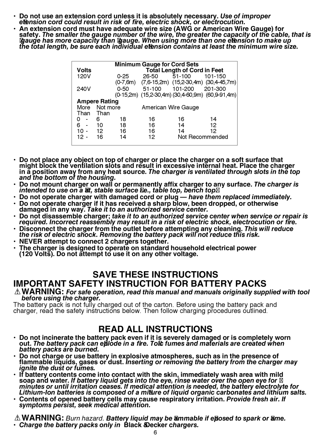 Black & Decker BDCDMT120-2, BDCDMT120FL, BDCDMT120C, BDCDMT120IA Read all Instructions, Minimum Gauge for Cord Sets Volts 