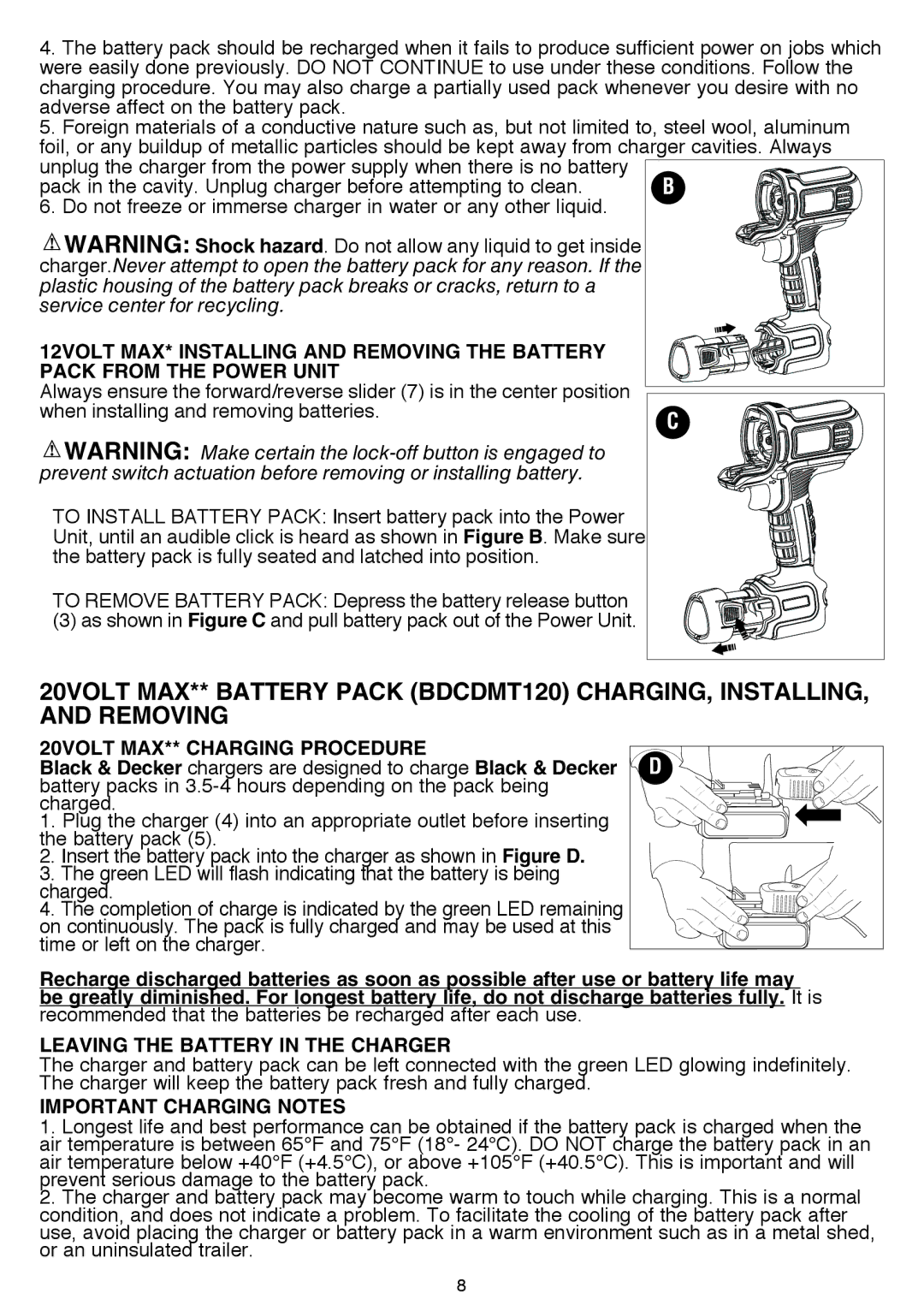 Black & Decker BDCDMT120FL, BDCDMT120C, BDCDMT120-2, BDCDMT120IA instruction manual 20volt Max** Charging Procedure 