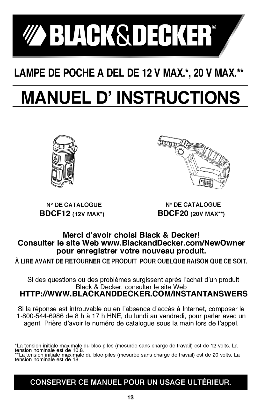 Black & Decker BDCF20 manual Manuel D’ Instructions, De catalogue BDCF12 12V MAX 