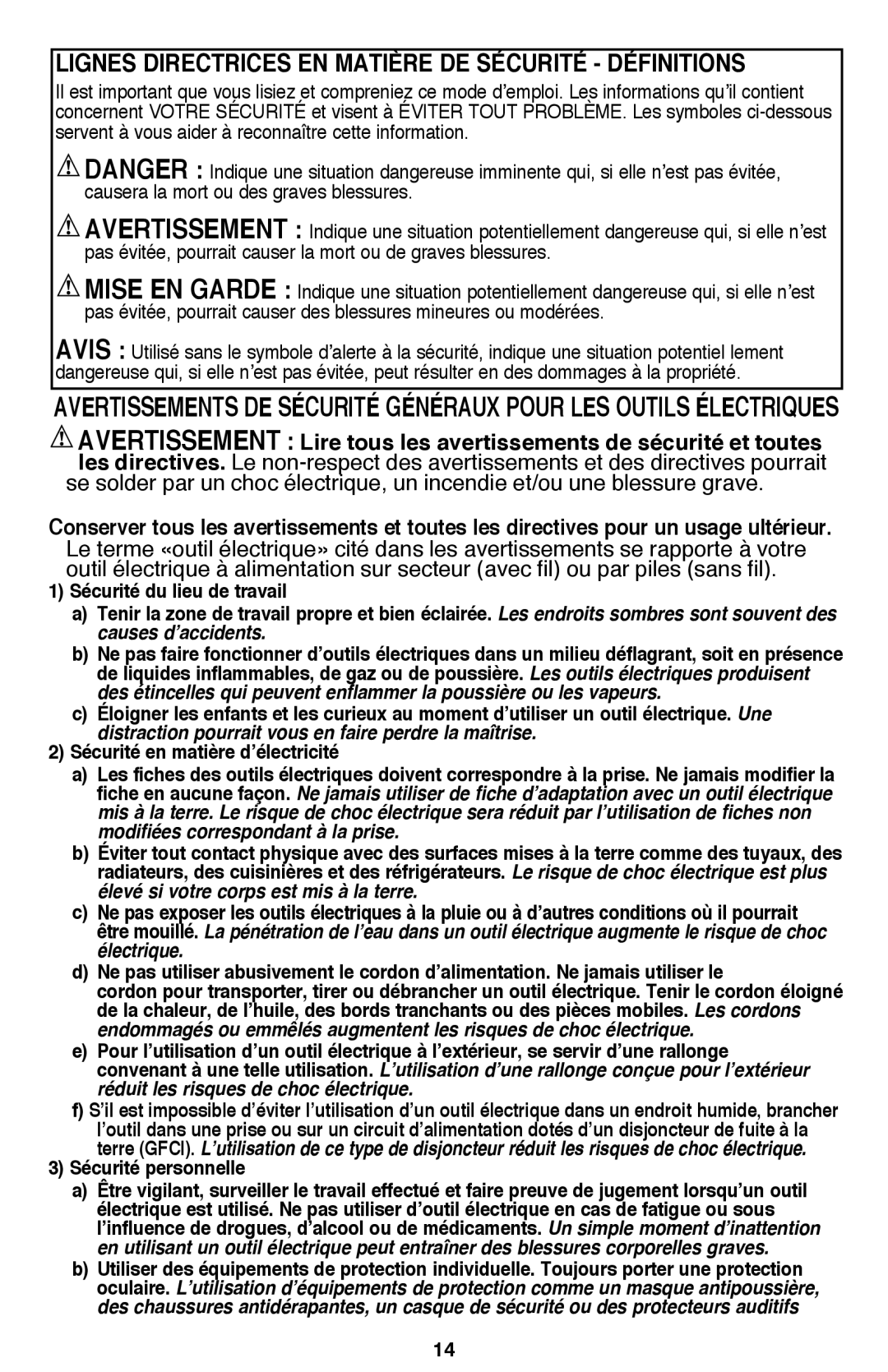 Black & Decker BDCF20, BDCF12 manual Lignes directrices en matière de sécurité définitions, Sécurité personnelle 