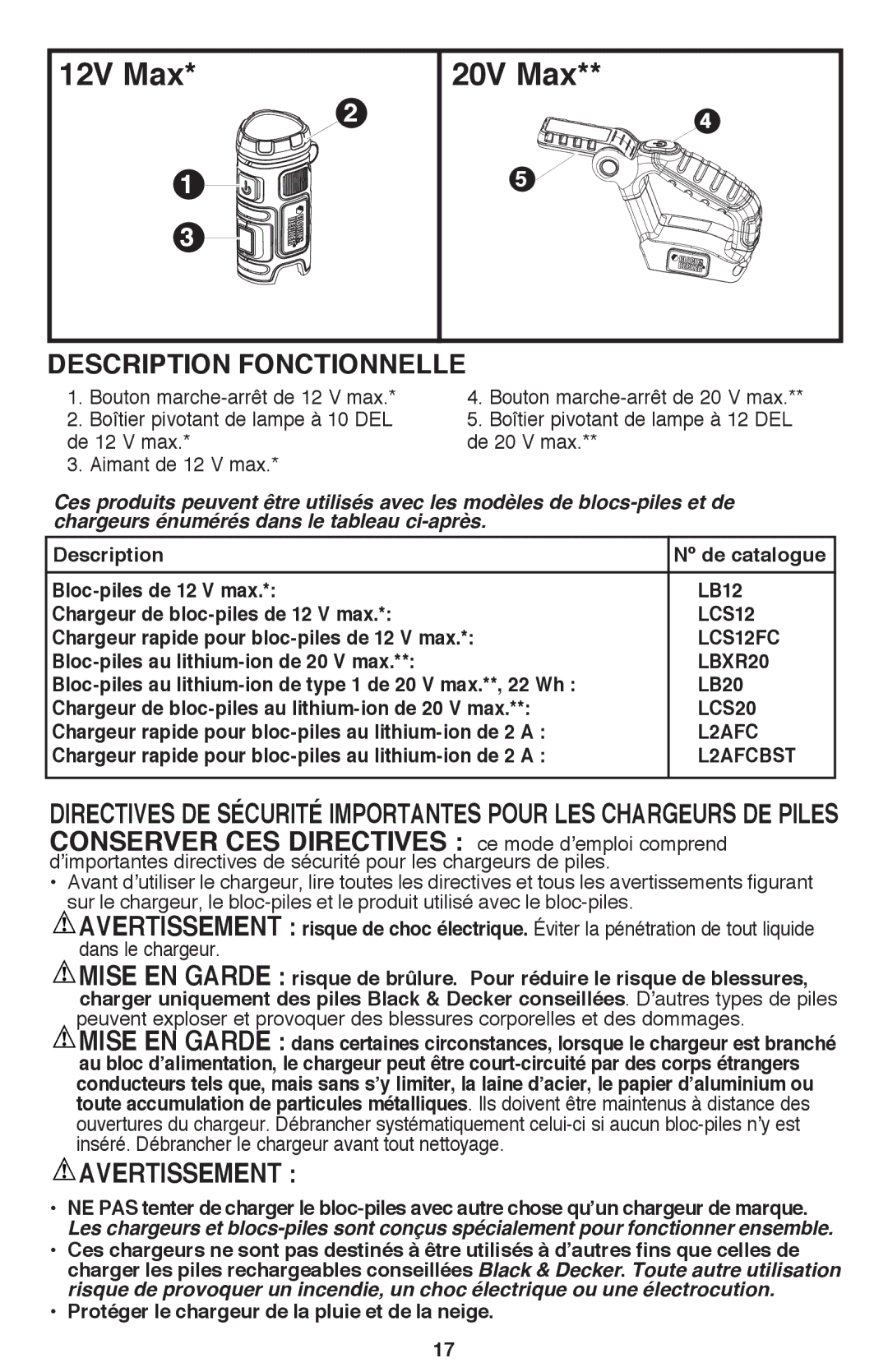 Black & Decker BDCF12, BDCF20 manual Description Fonctionnelle, Avertissement 