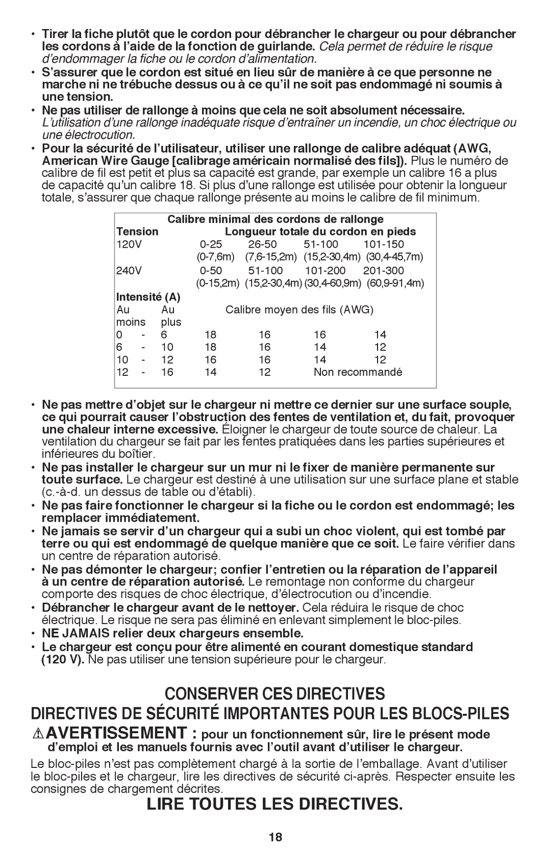 Black & Decker BDCF20, BDCF12 manual Directives de sécurité importantes pour les blocs-piles, Lire toutes les directives 