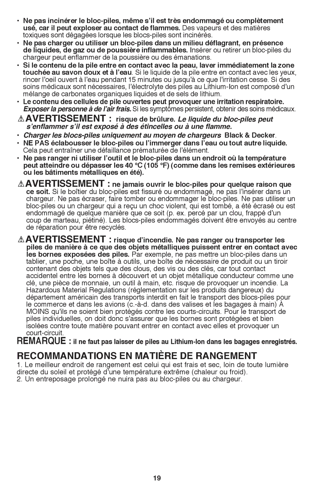 Black & Decker BDCF12, BDCF20 manual Recommandations en matière de rangement 