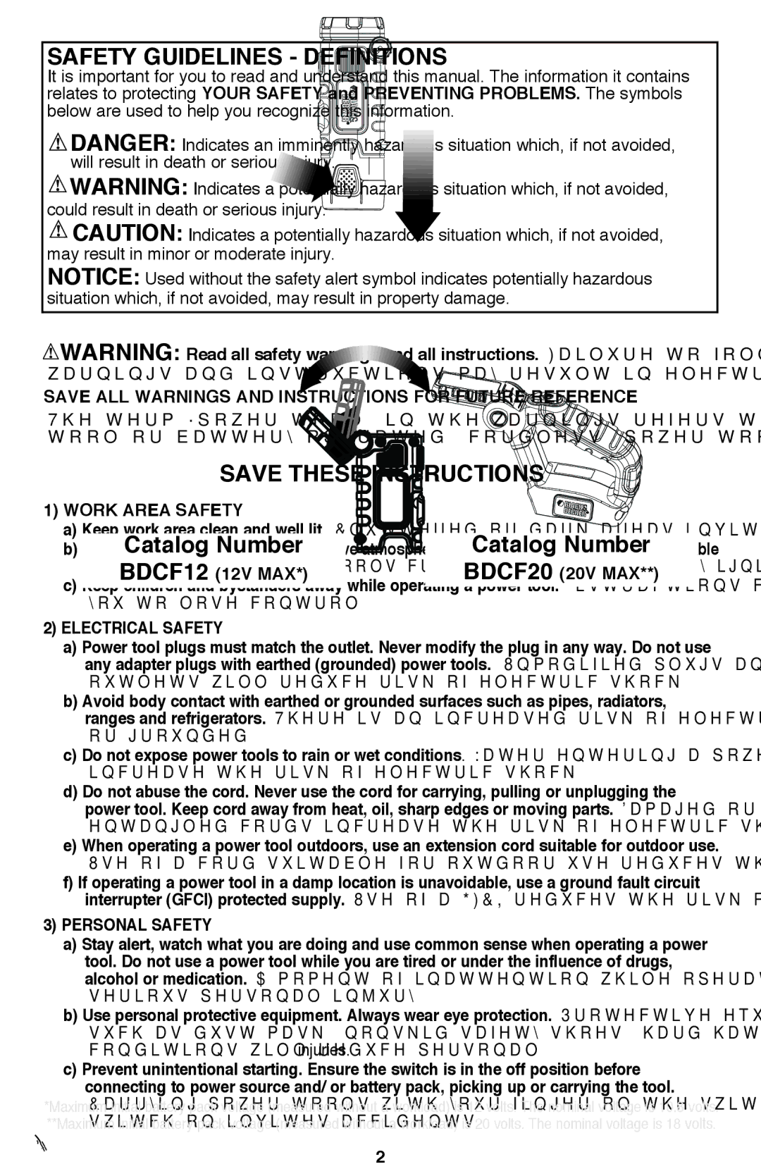 Black & Decker BDCF20, BDCF12 manual Safety Guidelines Definitions, Save all warnings and instructions for future reference 