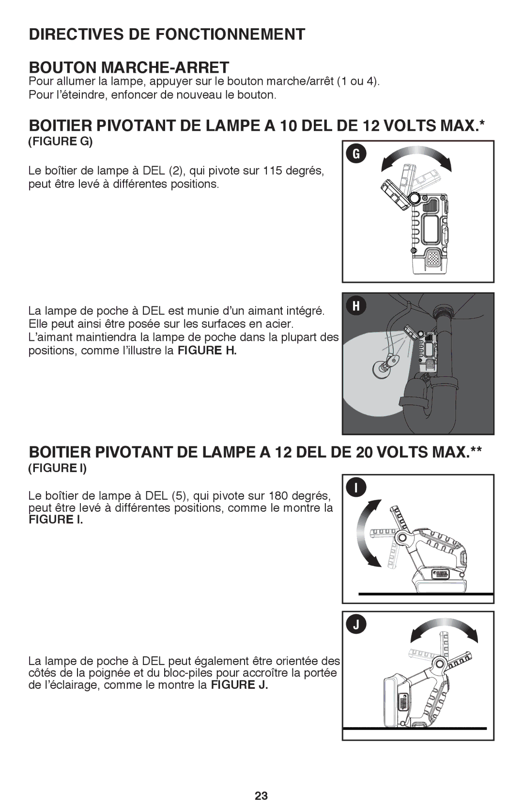 Black & Decker BDCF12 Directives DE Fonctionnement Bouton MARCHE-ARRET, Boitier Pivotant DE Lampe a 10 DEL DE 12 Volts MAX 