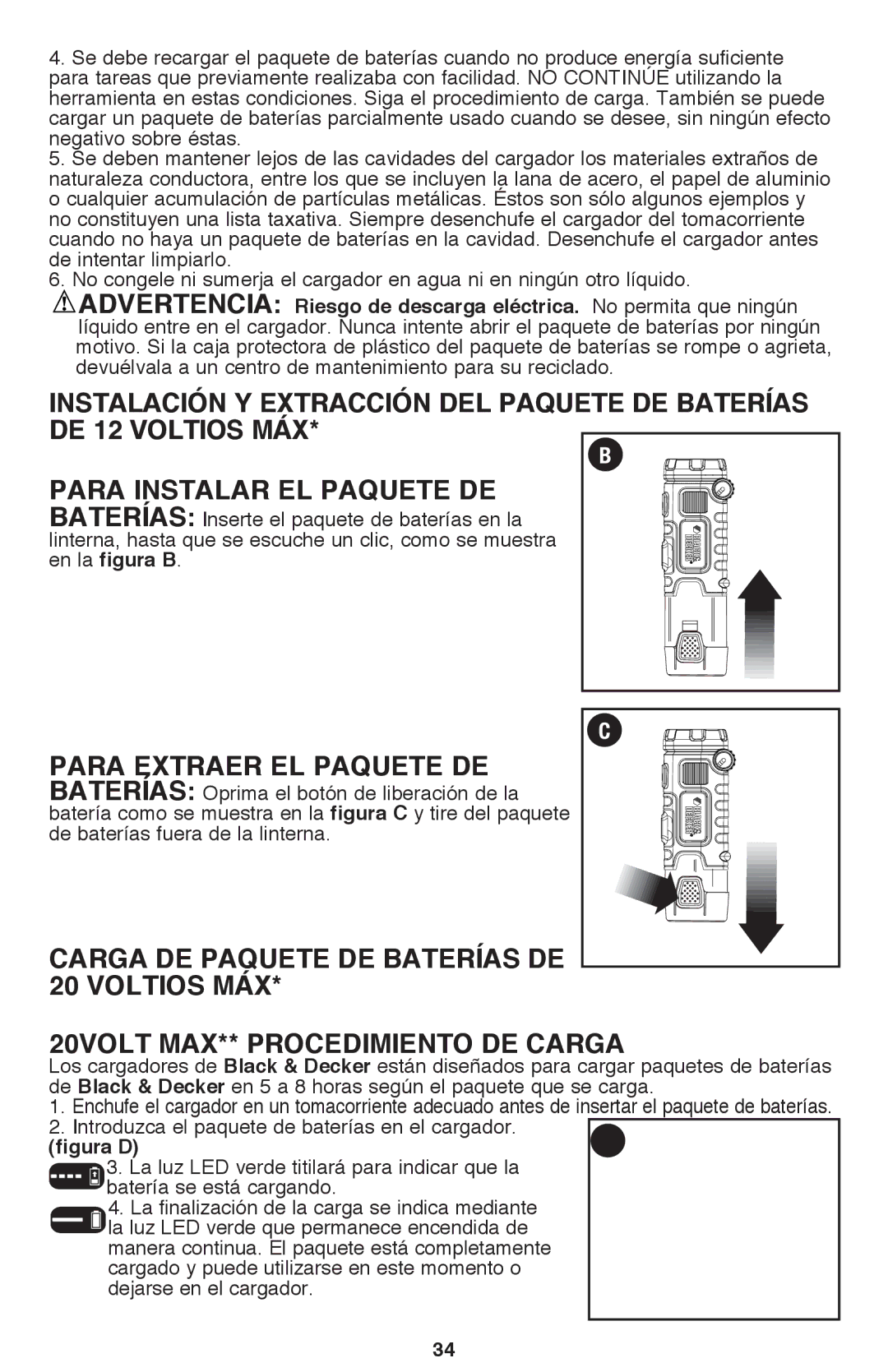 Black & Decker BDCF20, BDCF12 manual Para Extraer EL Paquete DE, Carga DE Paquete DE Baterías DE 20 Voltios MÁX 