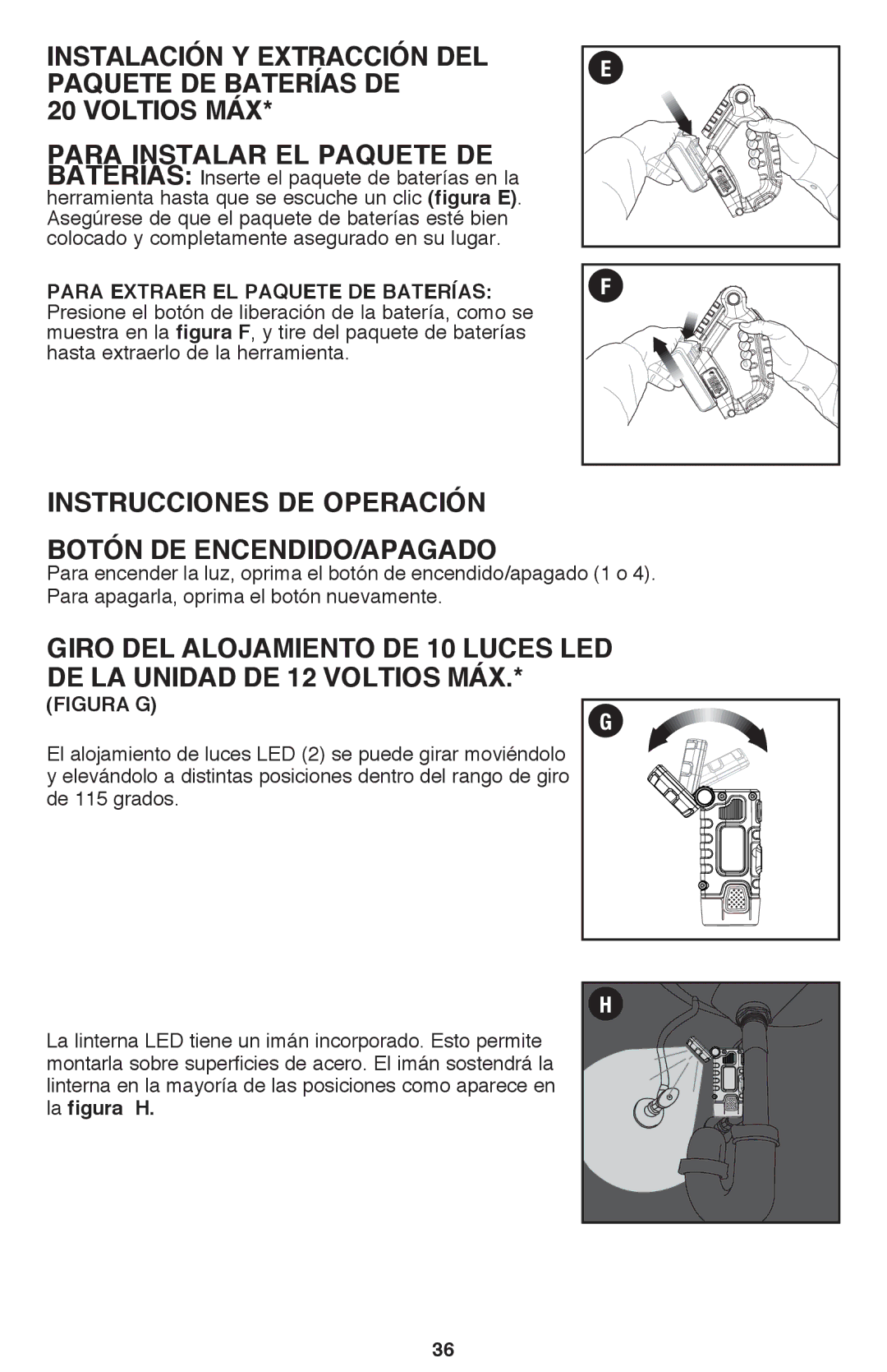 Black & Decker BDCF20, BDCF12 manual Para instalar el paquete de, Instrucciones DE Operación Botón DE ENCENDIDO/APAGADO 