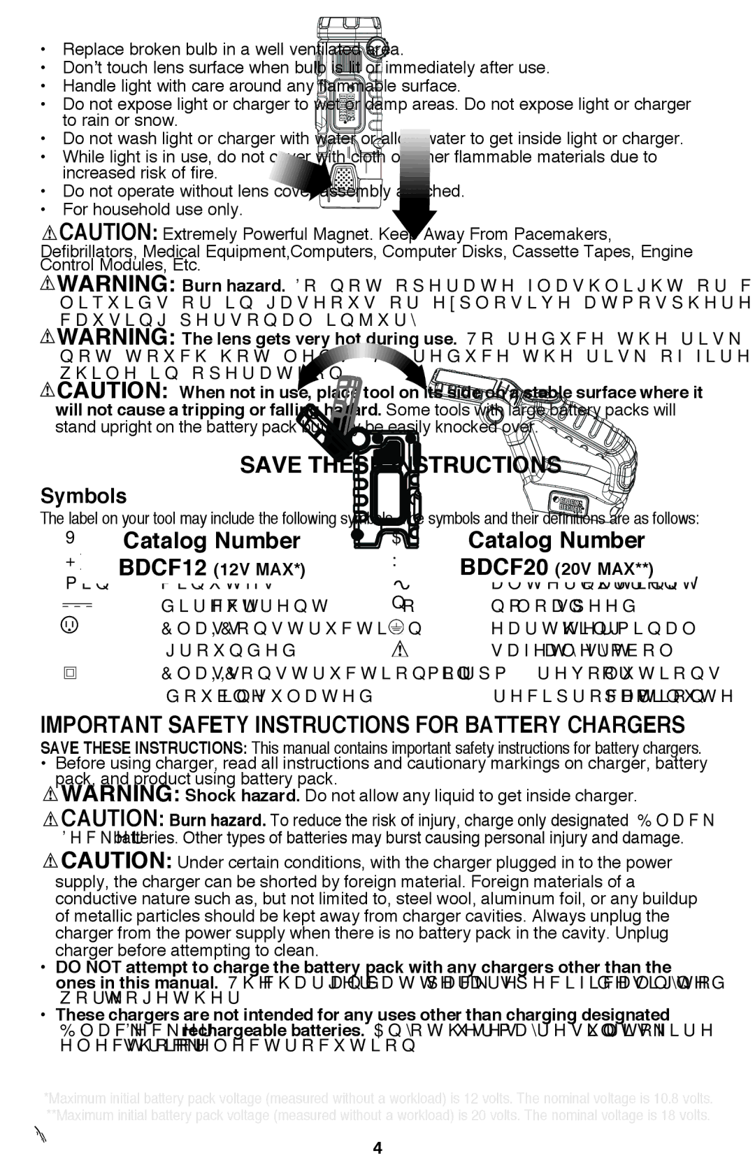 Black & Decker BDCF20, BDCF12 manual Important Safety Instructions for Battery Chargers, Symbols 