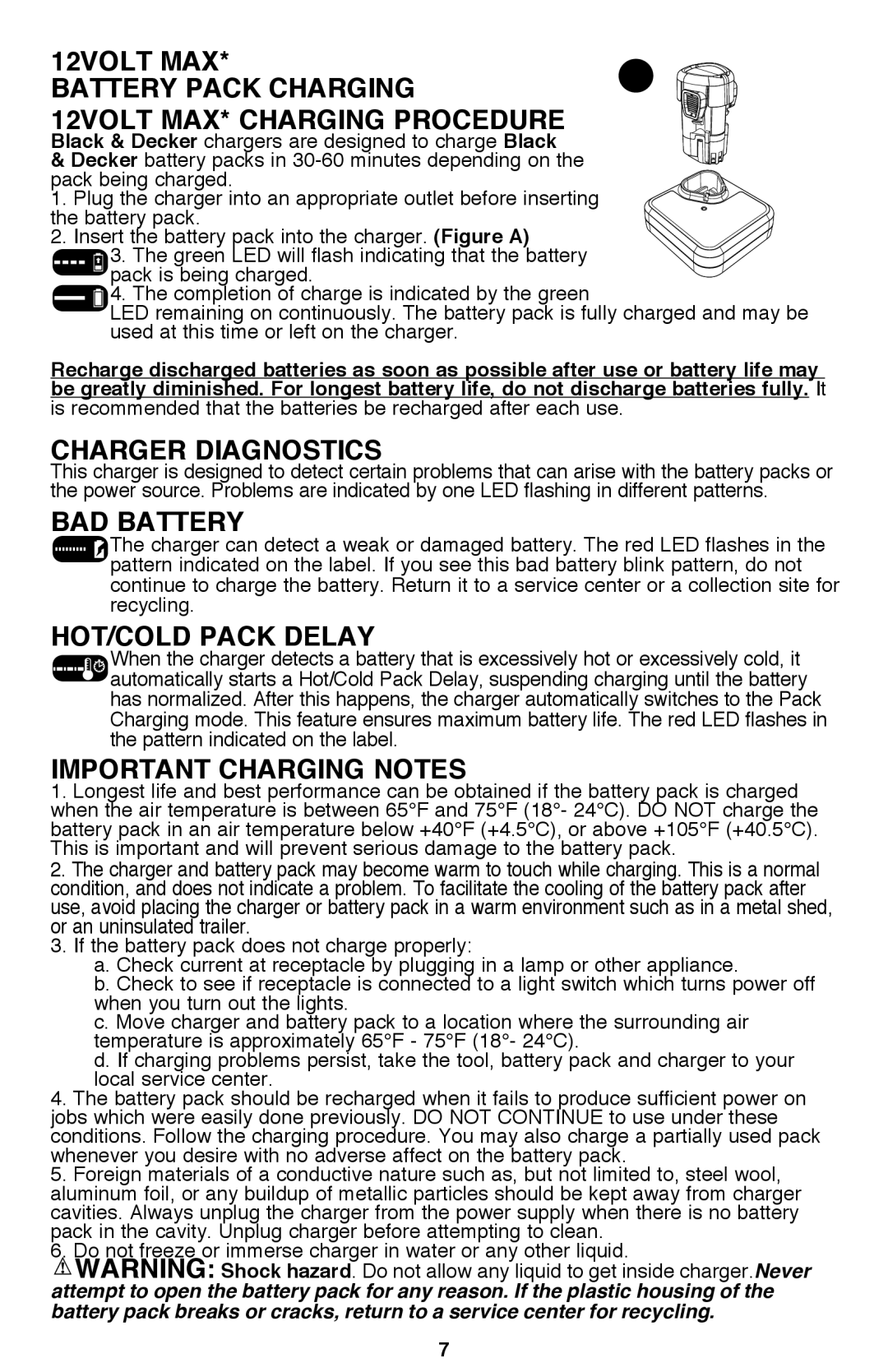 Black & Decker BDCF12, BDCF20 manual Charger Diagnostics, Bad battery, Hot/Cold pack delay, Important charging notes 