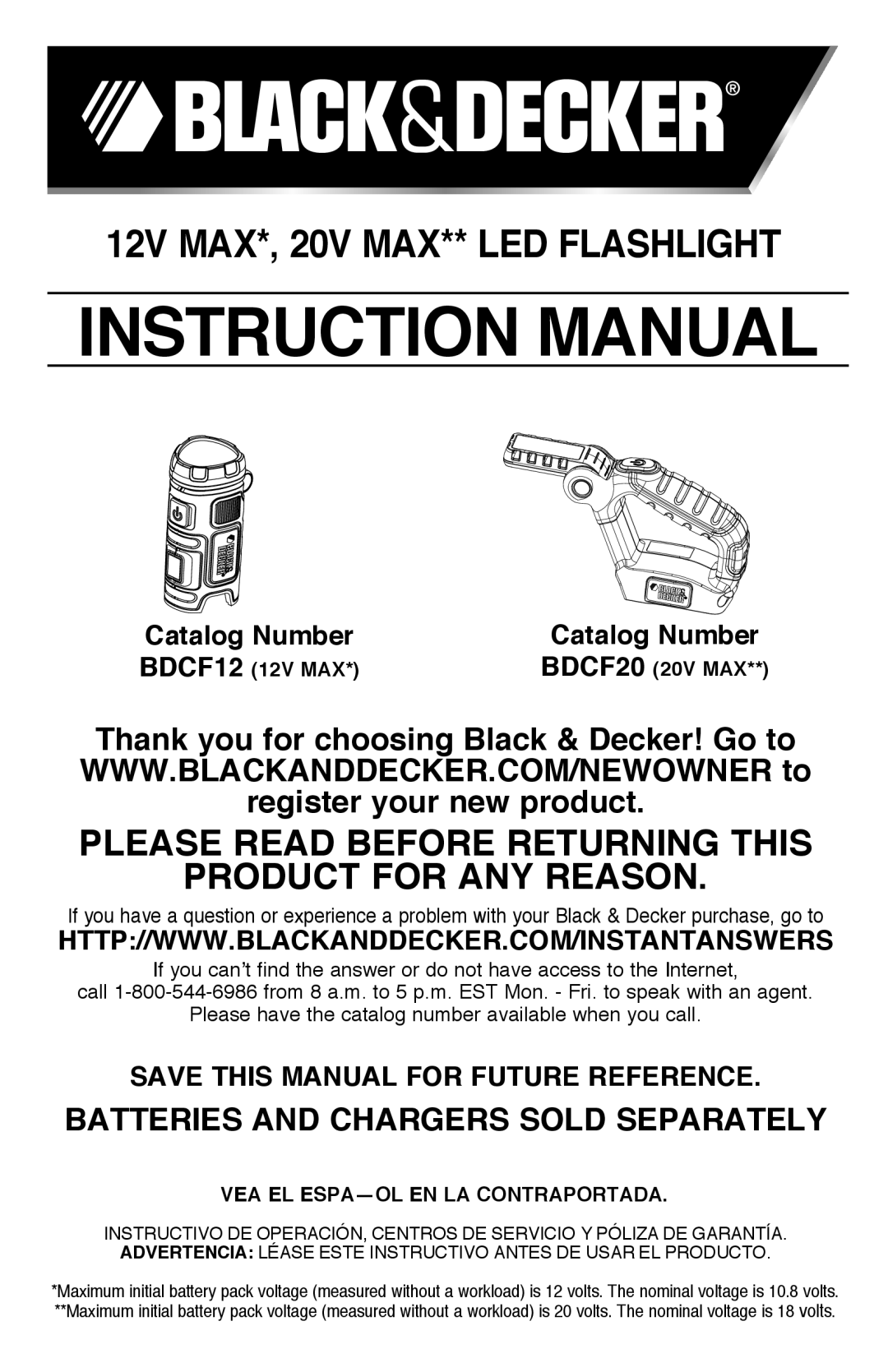 Black & Decker BDCF12 manual 12v Max*, 20v max** LED FLASHLIGHT, Batteries and chargers sold separately, Catalog Number 