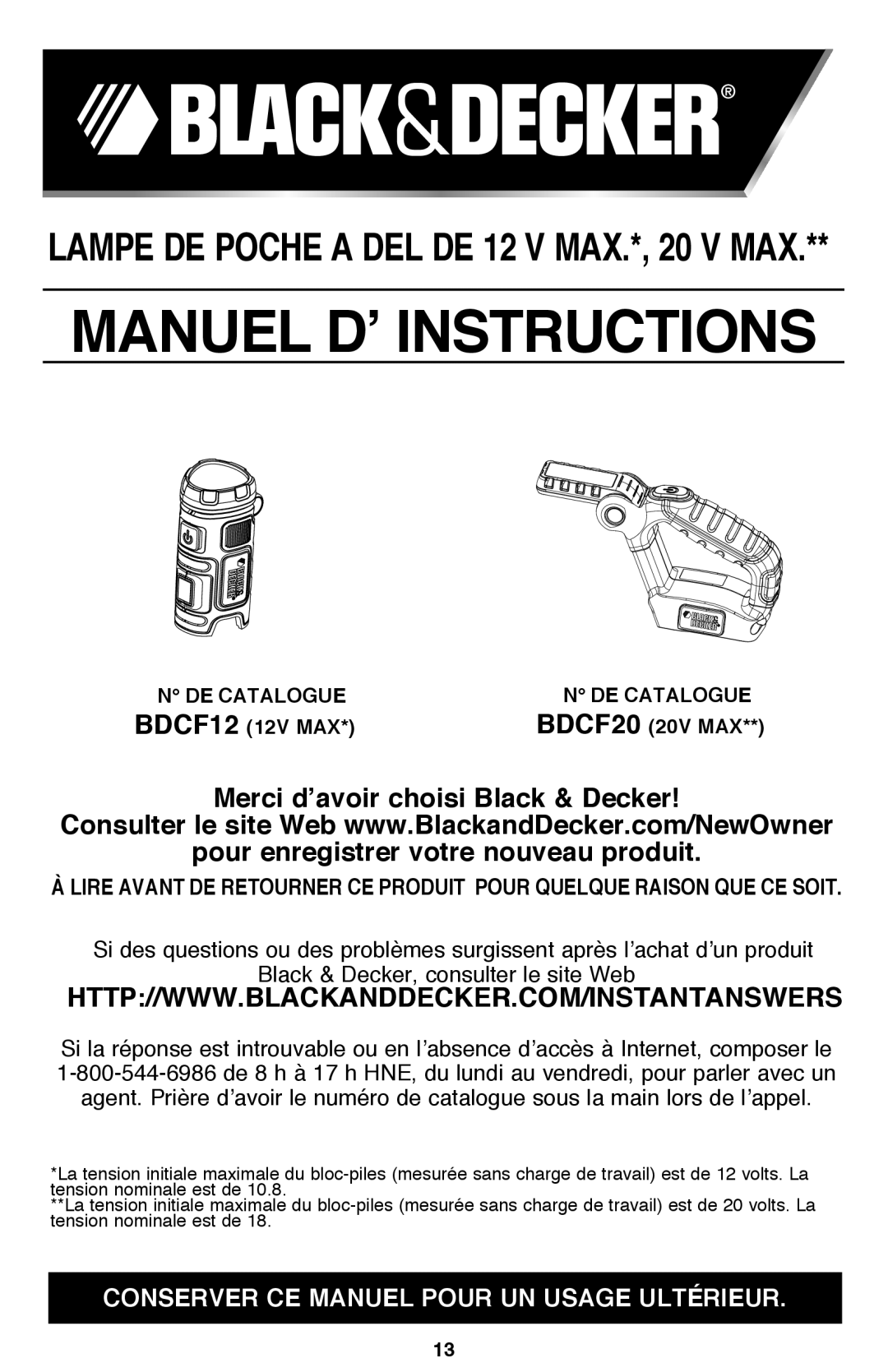 Black & Decker BDCF12, BDCF20 manual LAMPE DE POCHE A DEL DE 12 V MAX.*, 20 V MAX, Merci d’avoir choisi Black & Decker 
