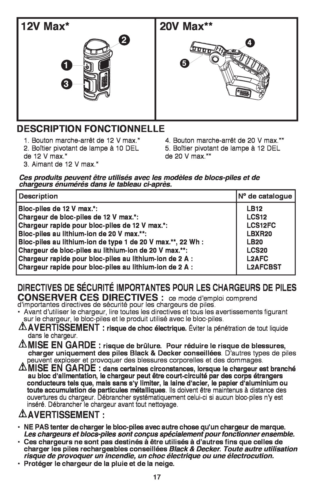 Black & Decker BDCF12, BDCF20 manual Description Fonctionnelle, Avertissement, 12V Max, 20V Max 