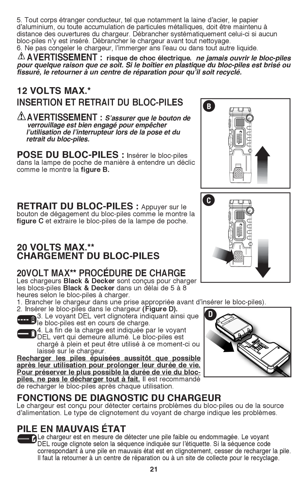 Black & Decker BDCF12, BDCF20 manual Insertion Et Retrait Du Bloc-Piles, POSE DU BLOC-PILES Insérer le bloc-piles, Volts Max 