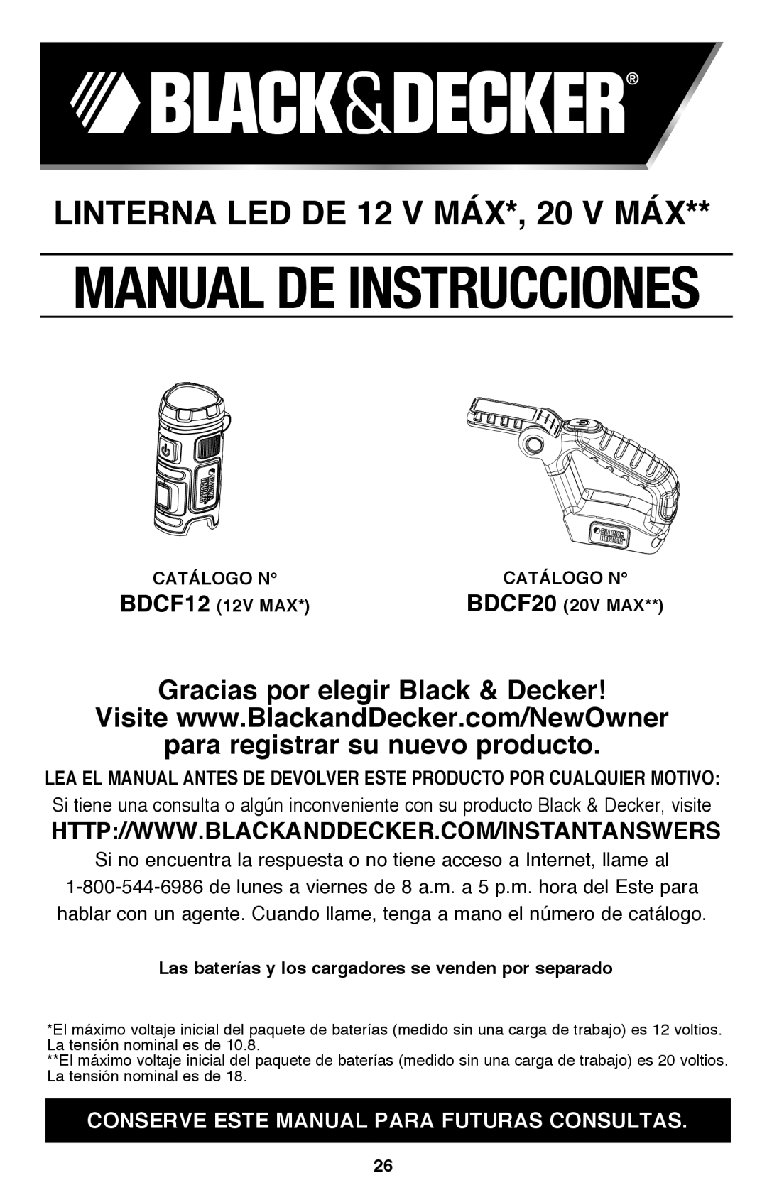 Black & Decker BDCF20 LINTERNA LED DE 12 V MÁX*, 20 V MÁX, Gracias por elegir Black & Decker, Manual De Instrucciones 