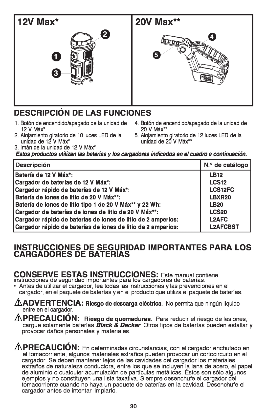 Black & Decker BDCF20, BDCF12 manual Descripción De Las Funciones, 12V Max, 20V Max 