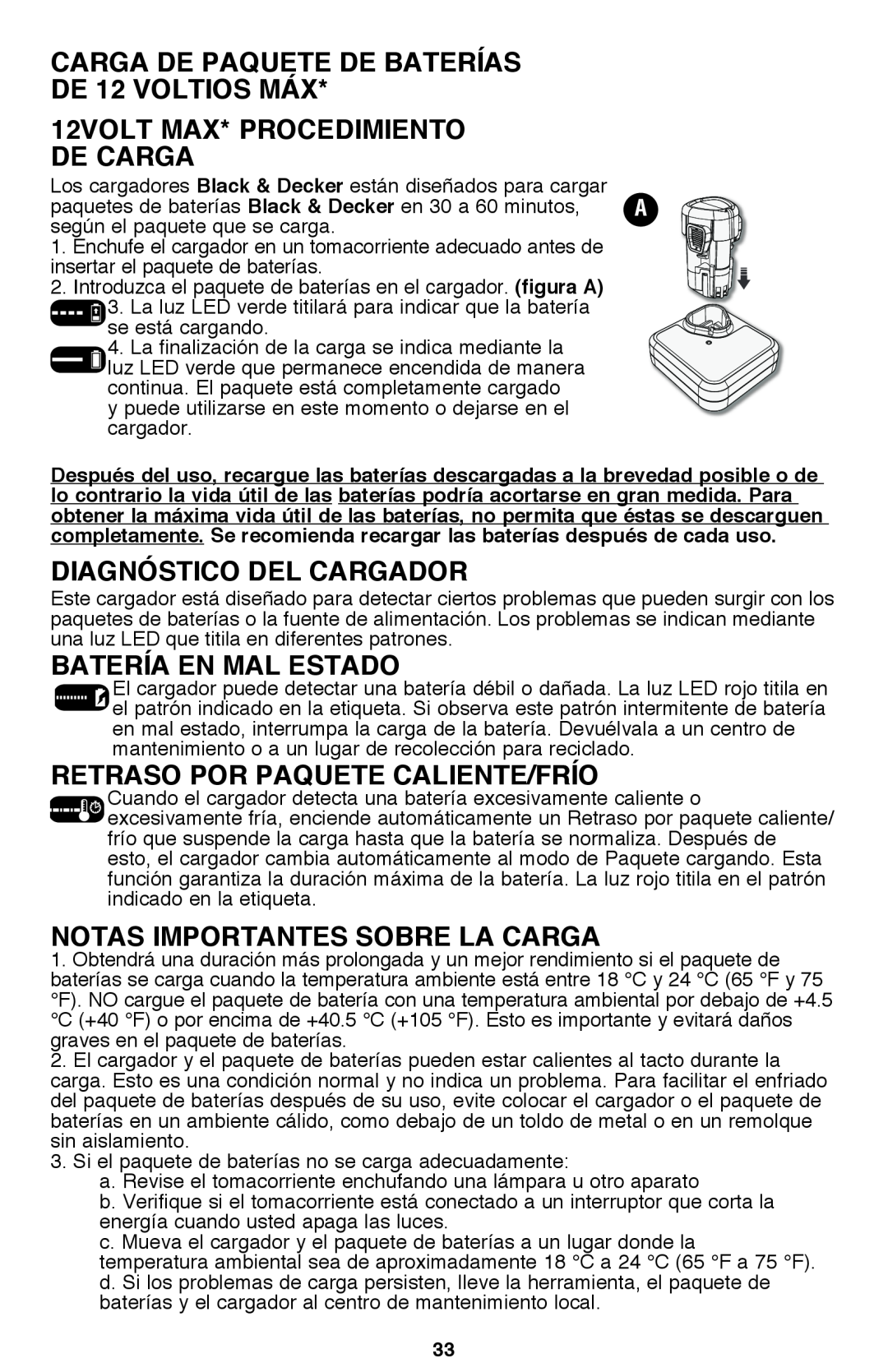 Black & Decker BDCF12, BDCF20 manual CARGA DE PAQUETE DE BATERÍAS DE 12 VOLTIOS MÁX, 12volt max* Procedimiento de carga 