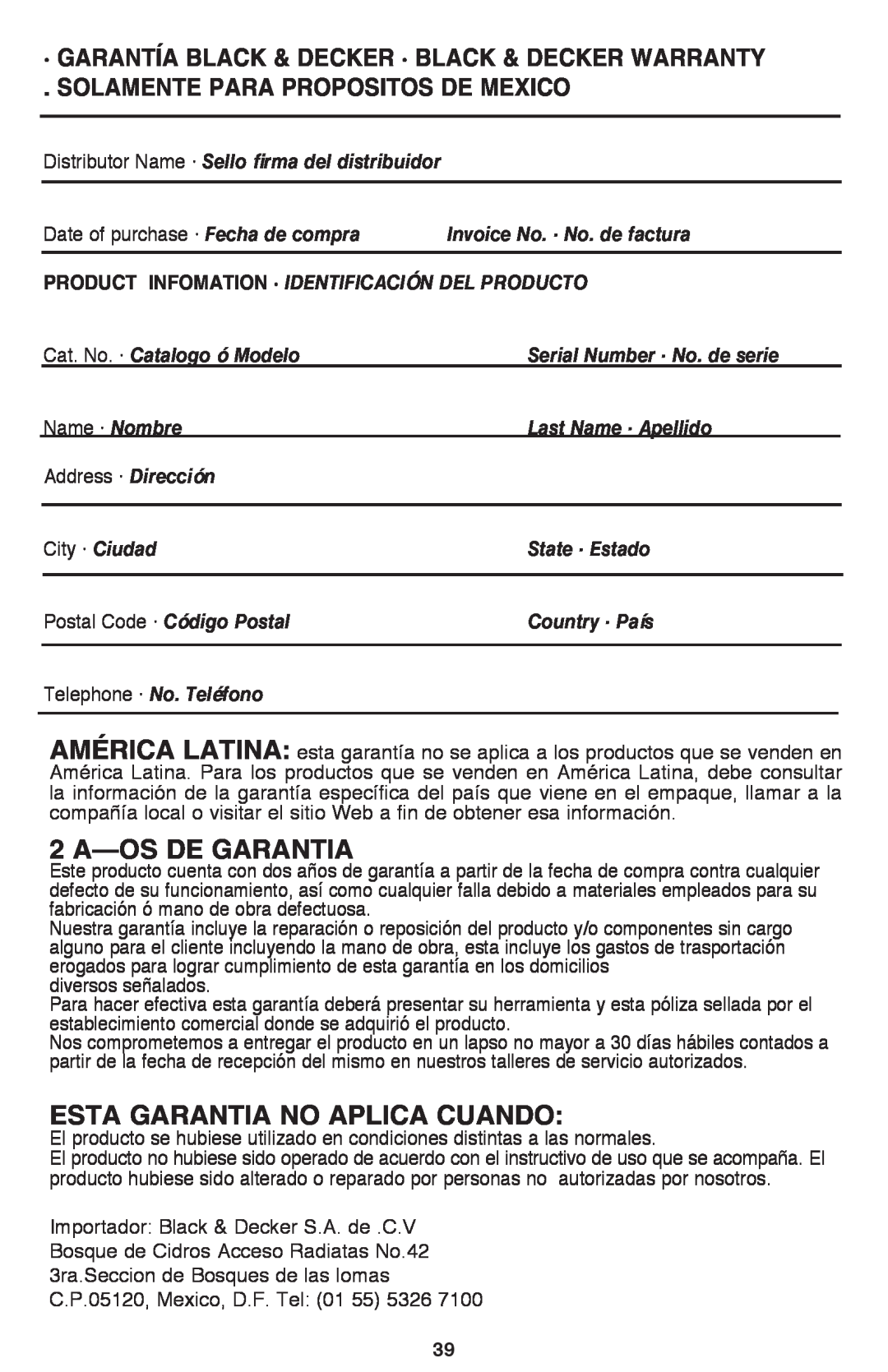 Black & Decker BDCF12, BDCF20 manual 2 A—OSDE GARANTIA, Esta Garantia No Aplica Cuando, Solamente Para Propositos De Mexico 