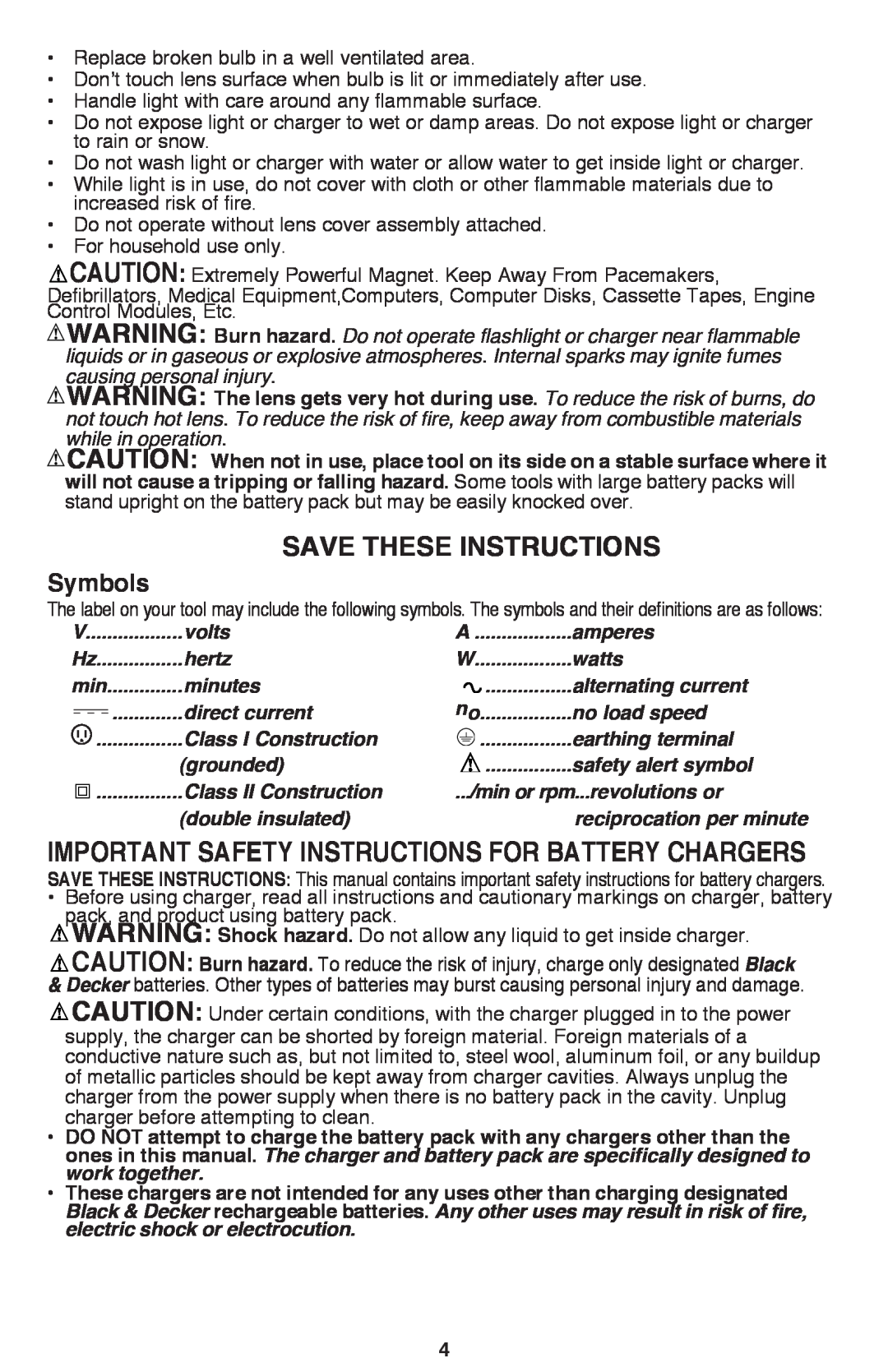 Black & Decker BDCF20, BDCF12 manual save these instructions, Symbols 