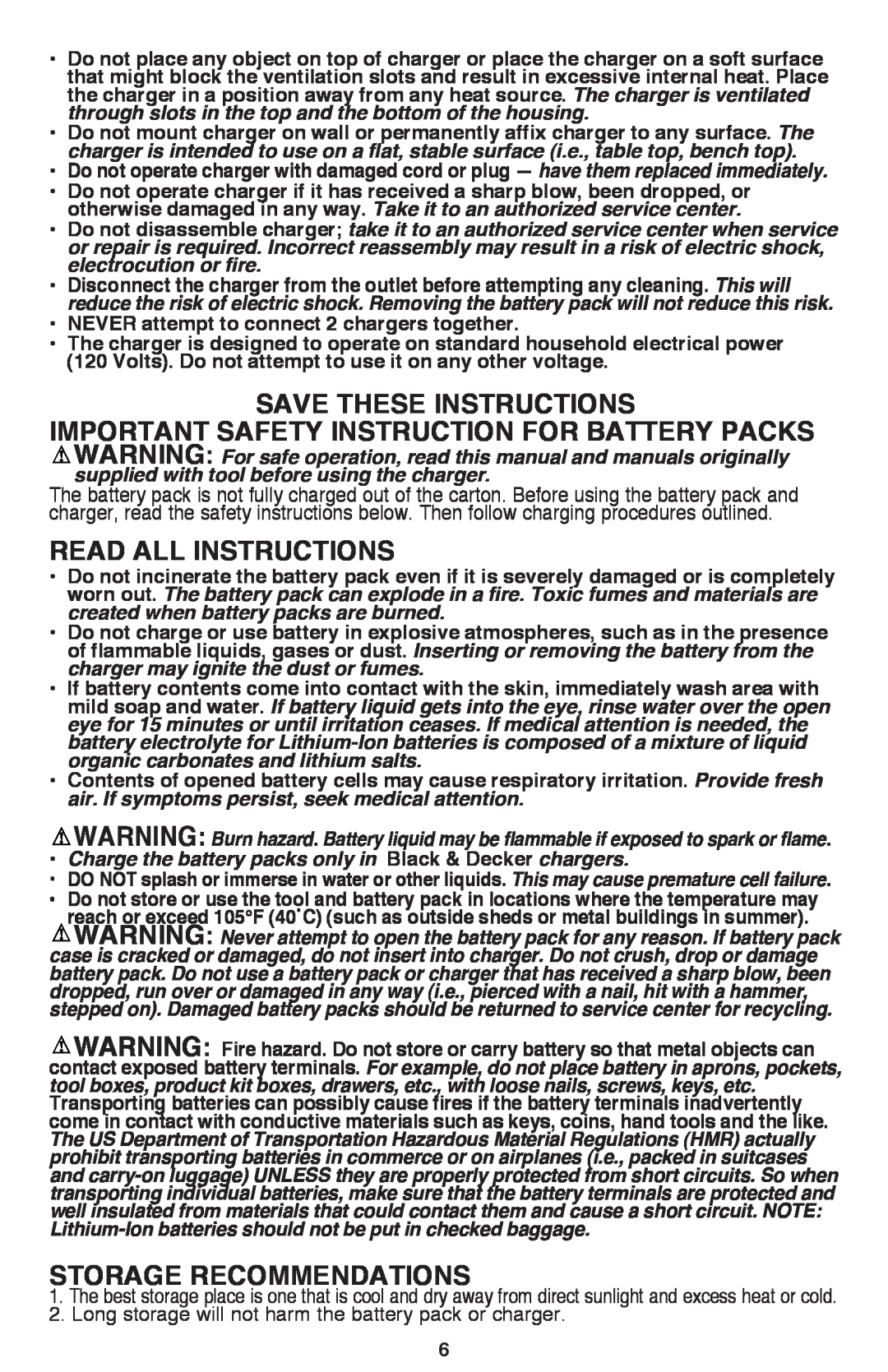 Black & Decker BDCF20, BDCF12 manual Read all Instructions, Storage Recommendations 