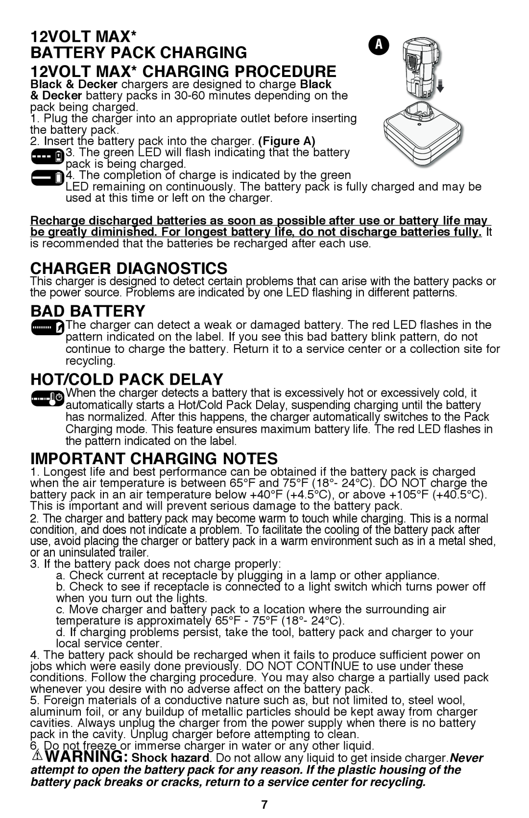Black & Decker BDCF12, BDCF20 Battery Pack Charging, 12volt max* Charging Procedure, Charger Diagnostics, Bad battery 