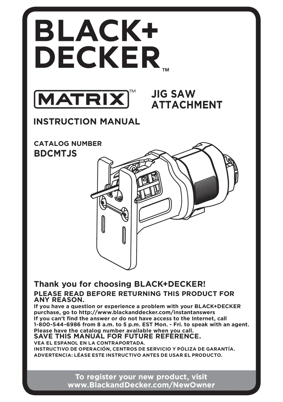 Black & Decker BDCMTJS instruction manual Jig saw attachment, Thank you for choosing Black+Decker 