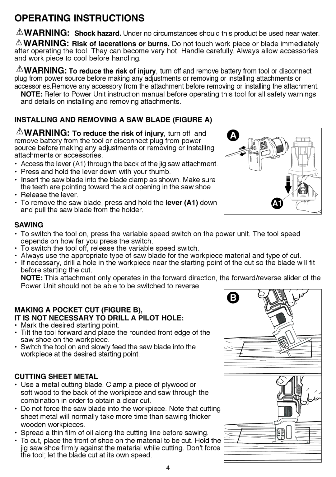 Black & Decker BDCMTJS Operating Instructions, Installing and removing a saw blade Figure a, Sawing, Cutting sheet metal 