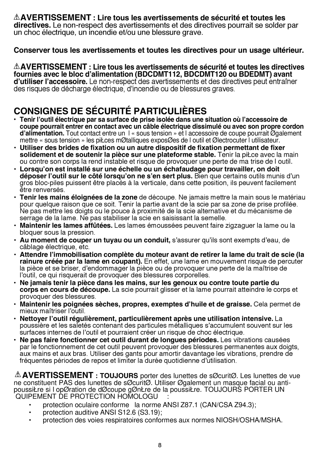 Black & Decker BDCMTJS instruction manual Consignes de sécurité particulières 