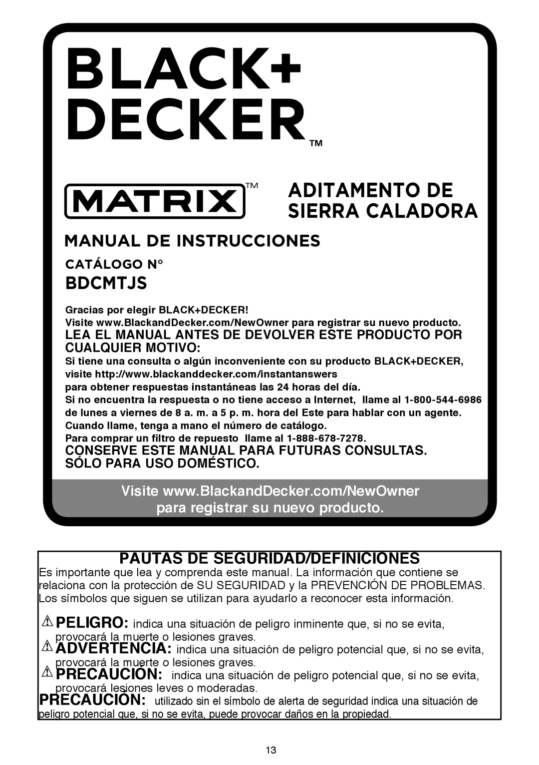 Black & Decker BDCMTJS aditamento de sierra caladora, Manual De Instrucciones, Bdcmtjs, Pautas De Seguridad/Definiciones 