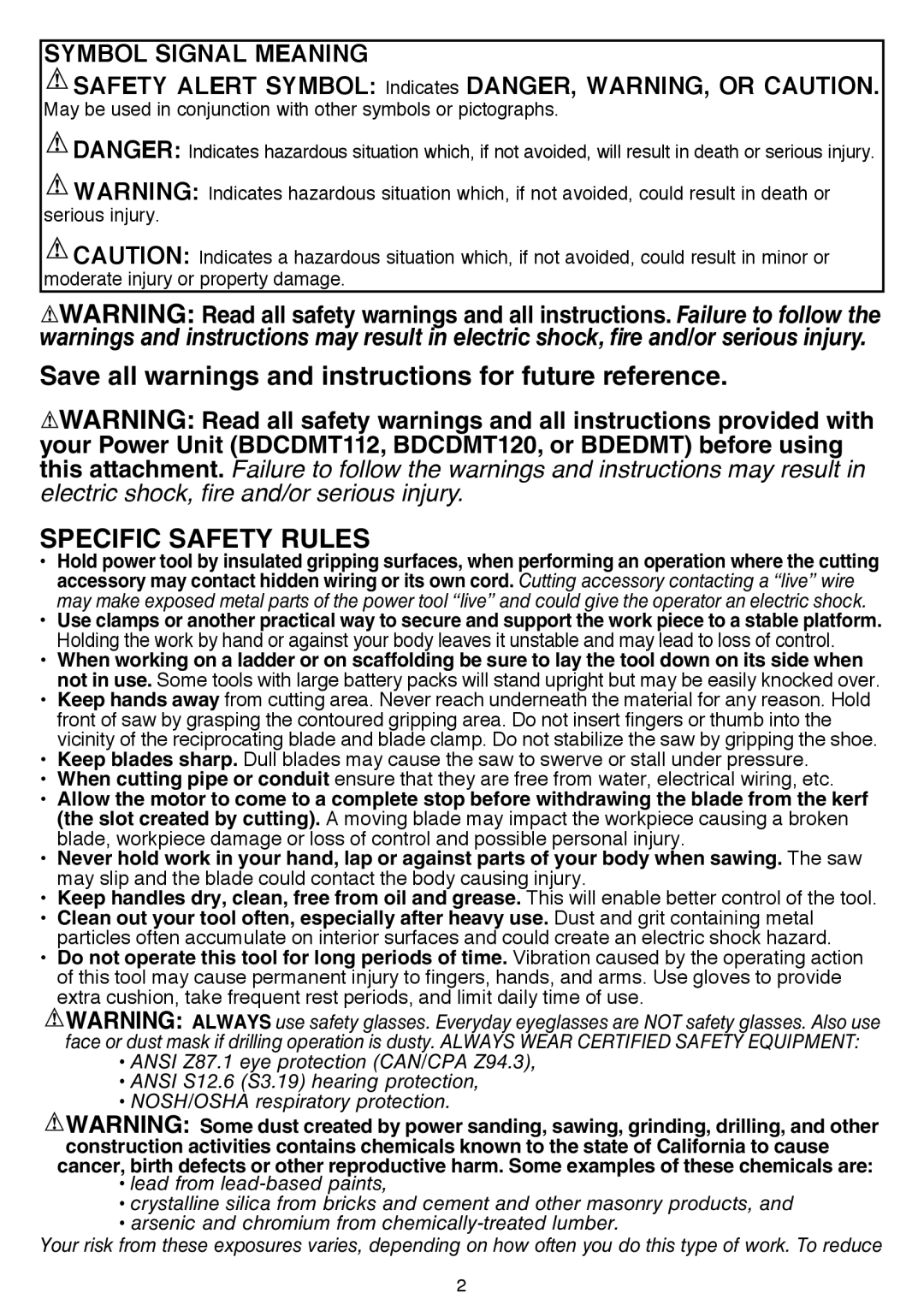 Black & Decker BDCMTJS instruction manual Specific Safety Rules, Symbol Signal Meaning 