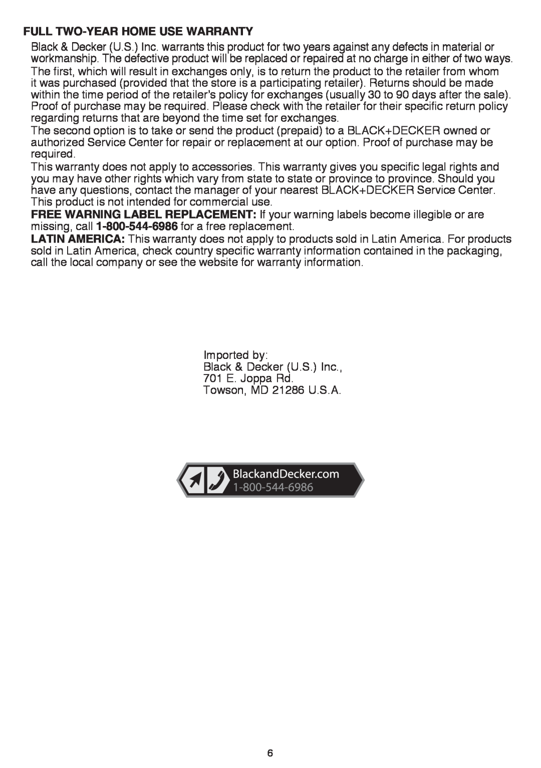 Black & Decker BDCMTJS instruction manual Full Two-YearHome Use Warranty 