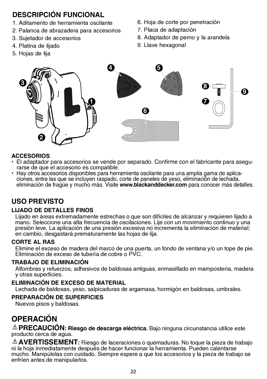 Black & Decker BDCMTOA instruction manual Operación, Descripción Funcional, USO Previsto 