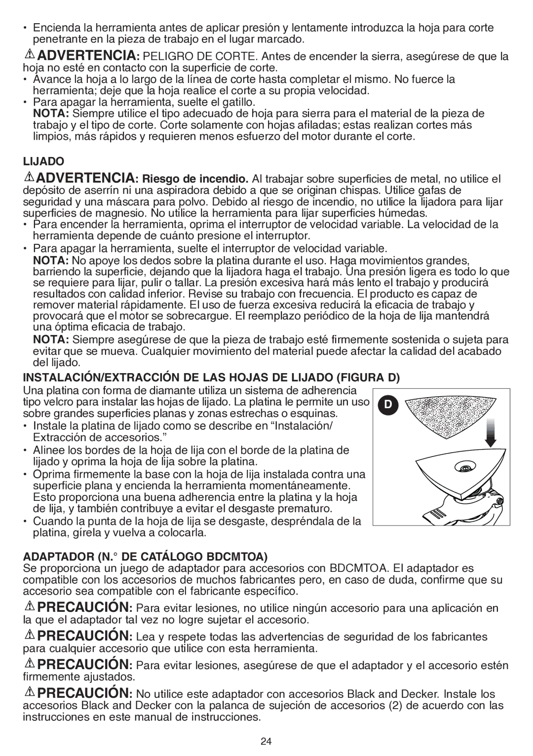 Black & Decker BDCMTOA instruction manual Lijado, Adaptador N. DE Catálogo Bdcmtoa 