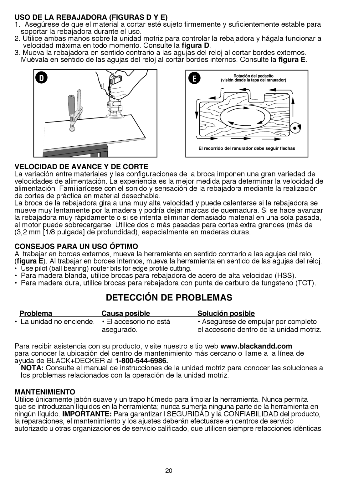 Black & Decker BDCMTOR Detección de problemas, USO DE LA Rebajadora Figuras D Y E, Velocidad DE Avance Y DE Corte 