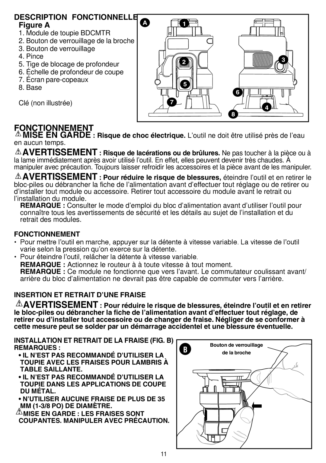 Black & Decker BDCMTR Fonctionnement, Insertion ET Retrait D’UNE Fraise, Installation ET Retrait DE LA Fraise FIG. B 