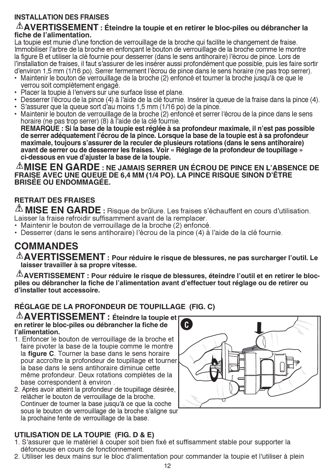 Black & Decker BDCMTR instruction manual Commandes, Installation DES Fraises, Réglage DE LA Profondeur DE Toupillage FIG. C 