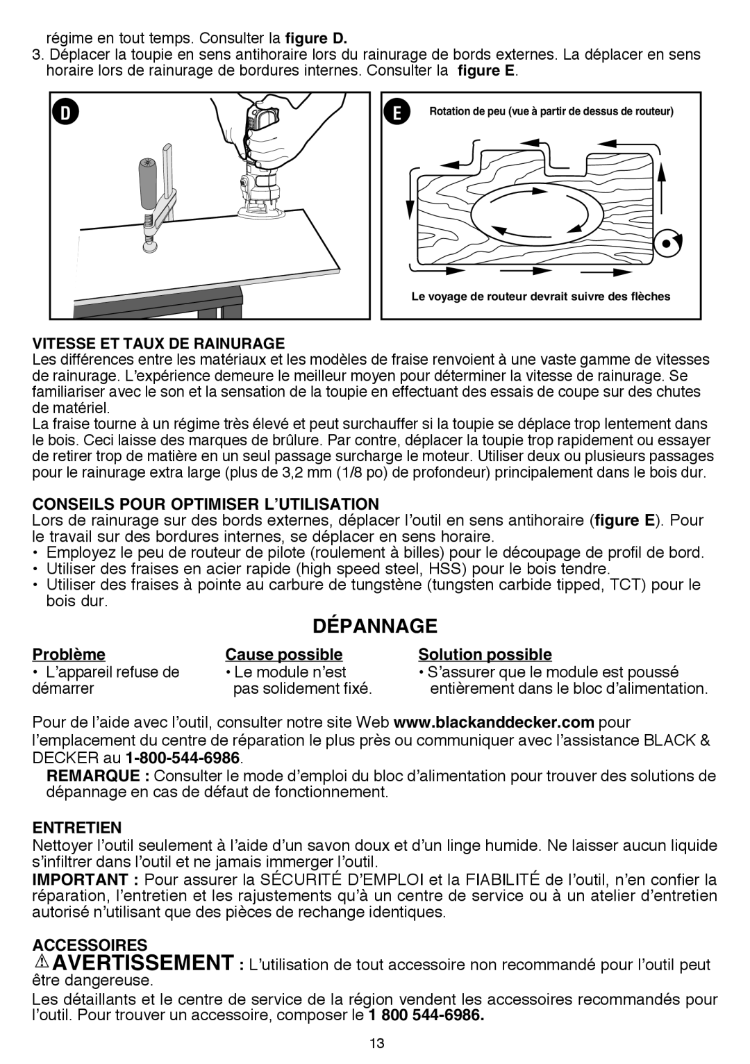 Black & Decker BDCMTR Dépannage, Conseils Pour Optimiser L’UTILISATION, Problème Cause possible Solution possible 