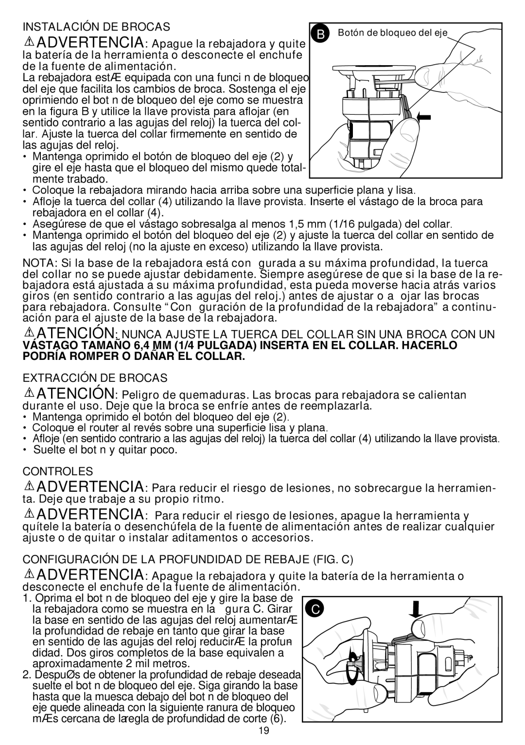 Black & Decker BDCMTR instruction manual Instalación DE Brocas, Advertencia Apague la rebajadora y quite, Controles 