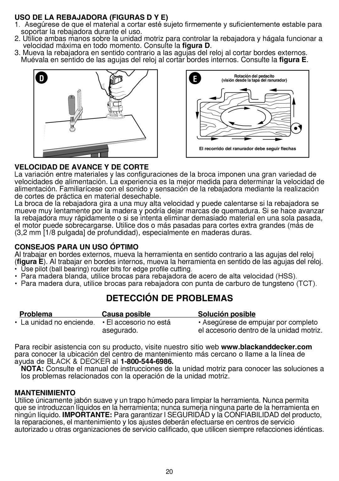 Black & Decker BDCMTR Detección DE Problemas, USO DE LA Rebajadora Figuras D Y E, Velocidad DE Avance Y DE Corte 