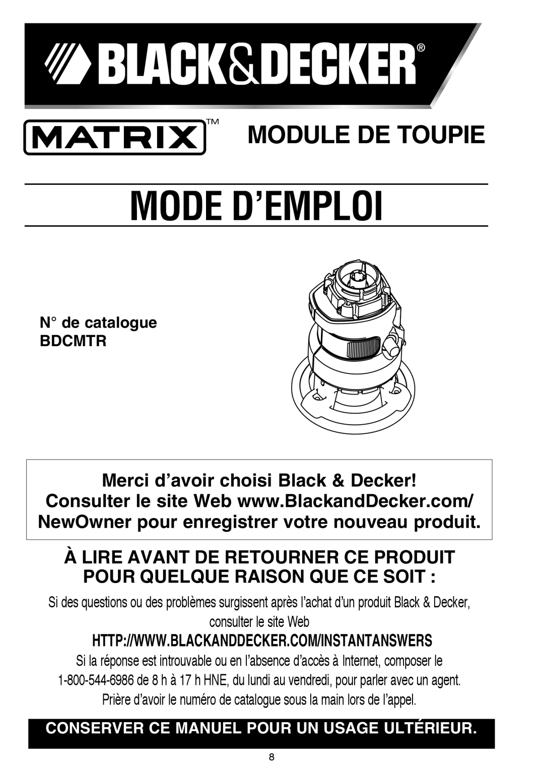 Black & Decker BDCMTR instruction manual Mode D’EMPLOI 