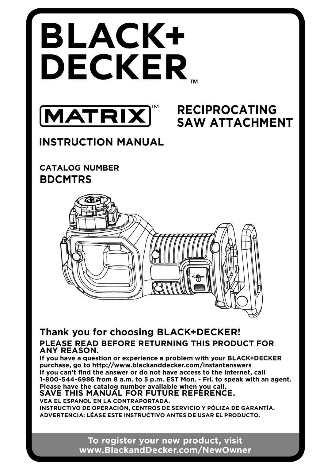 Black & Decker BDCMTRS instruction manual Reciprocating saw attachment, Thank you for choosing Black+Decker 