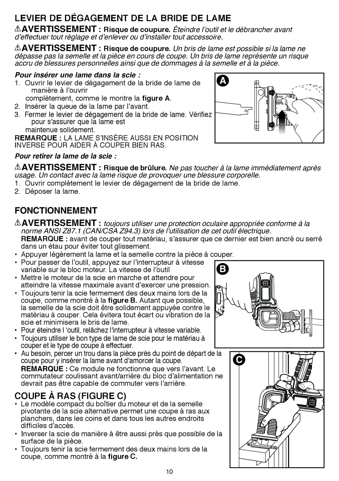 Black & Decker BDCMTRS instruction manual Levier de dégagement de la bride de lame, Coupe à ras figure C 