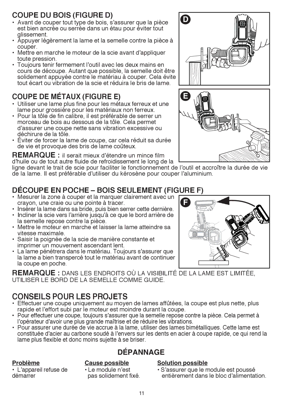 Black & Decker BDCMTRS instruction manual Conseils Pour LES Projets, Coupe du bois figure D, Coupe de métaux figure E 