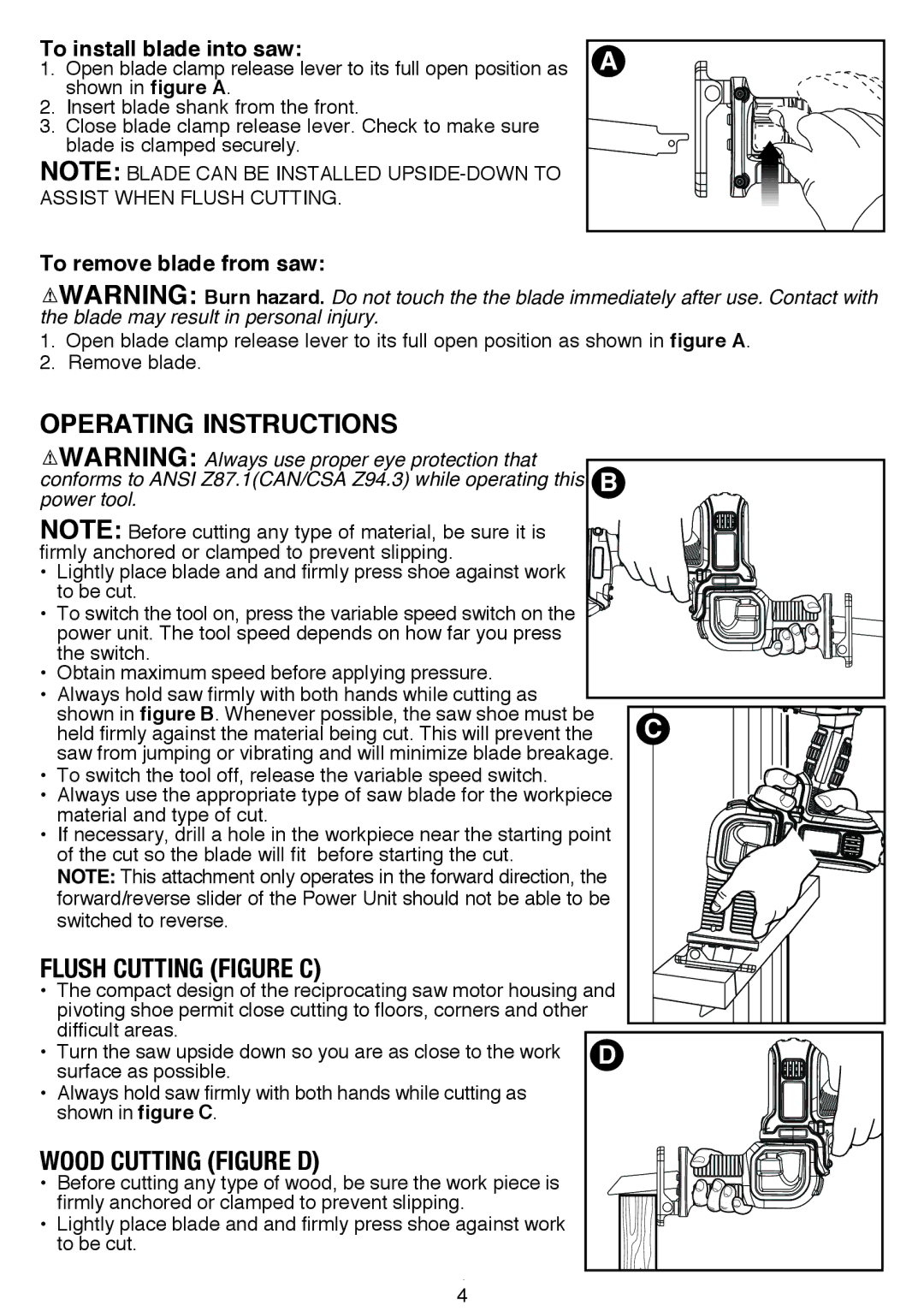 Black & Decker BDCMTRS instruction manual Wood Cutting Figure D, To install blade into saw 