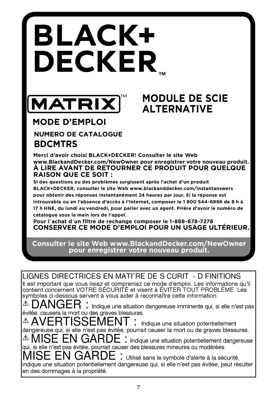 Black & Decker BDCMTRS instruction manual Module de scie alternative, Lignes directrices en matière de sécurité définitions 