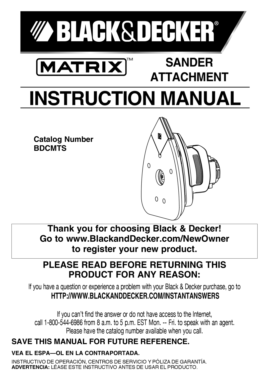 Black & Decker BDCMTS instruction manual Bdcmts, Save this Manual for Future Reference, VEA EL ESPA-OL EN LA Contraportada 